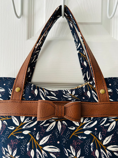 Bow handbag - navy cotton with tan faux leather