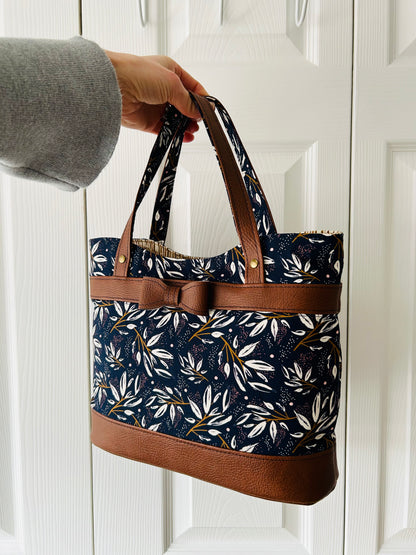 Bow handbag - navy cotton with tan faux leather