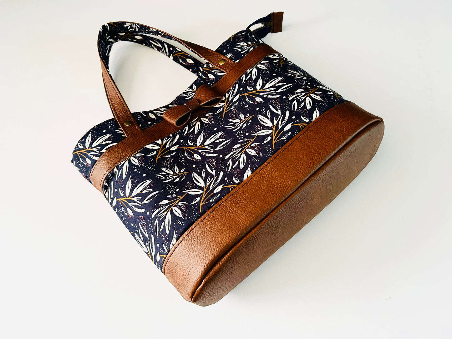 Bow handbag - navy cotton with tan faux leather