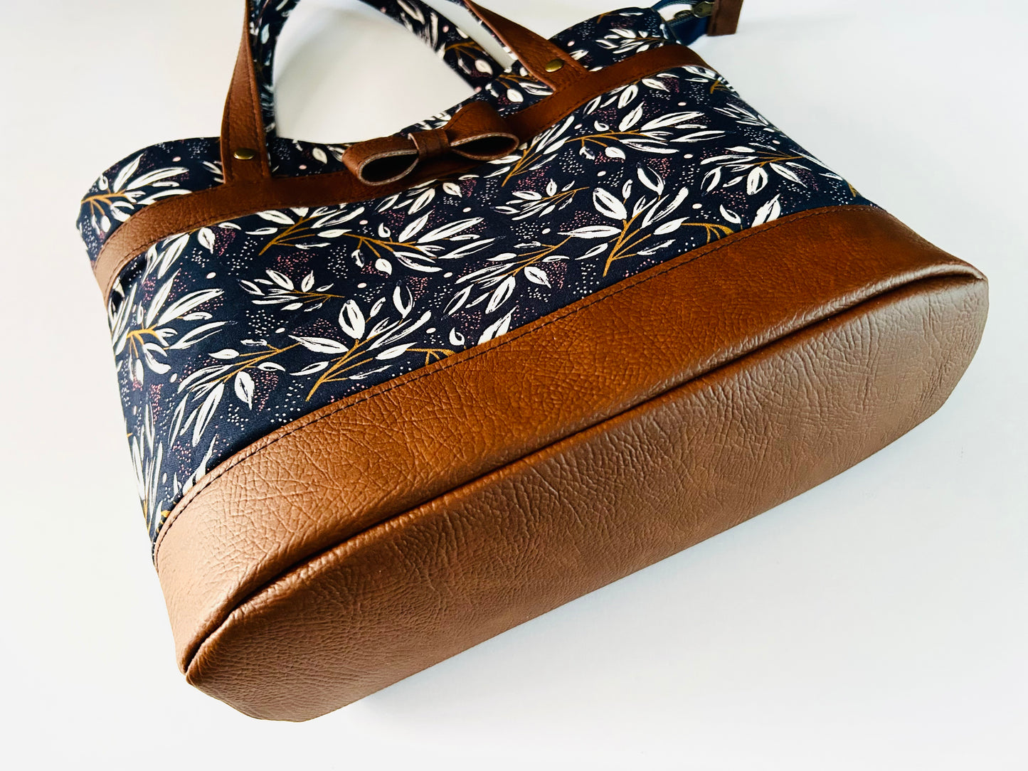 Bow handbag - navy cotton with tan faux leather