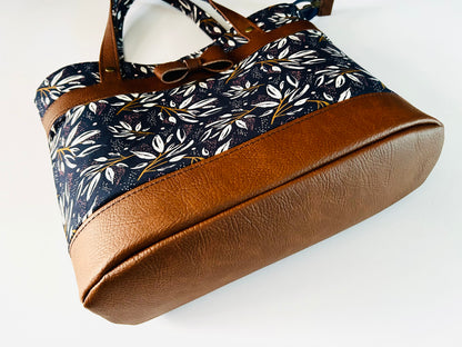 Bow handbag - navy cotton with tan faux leather