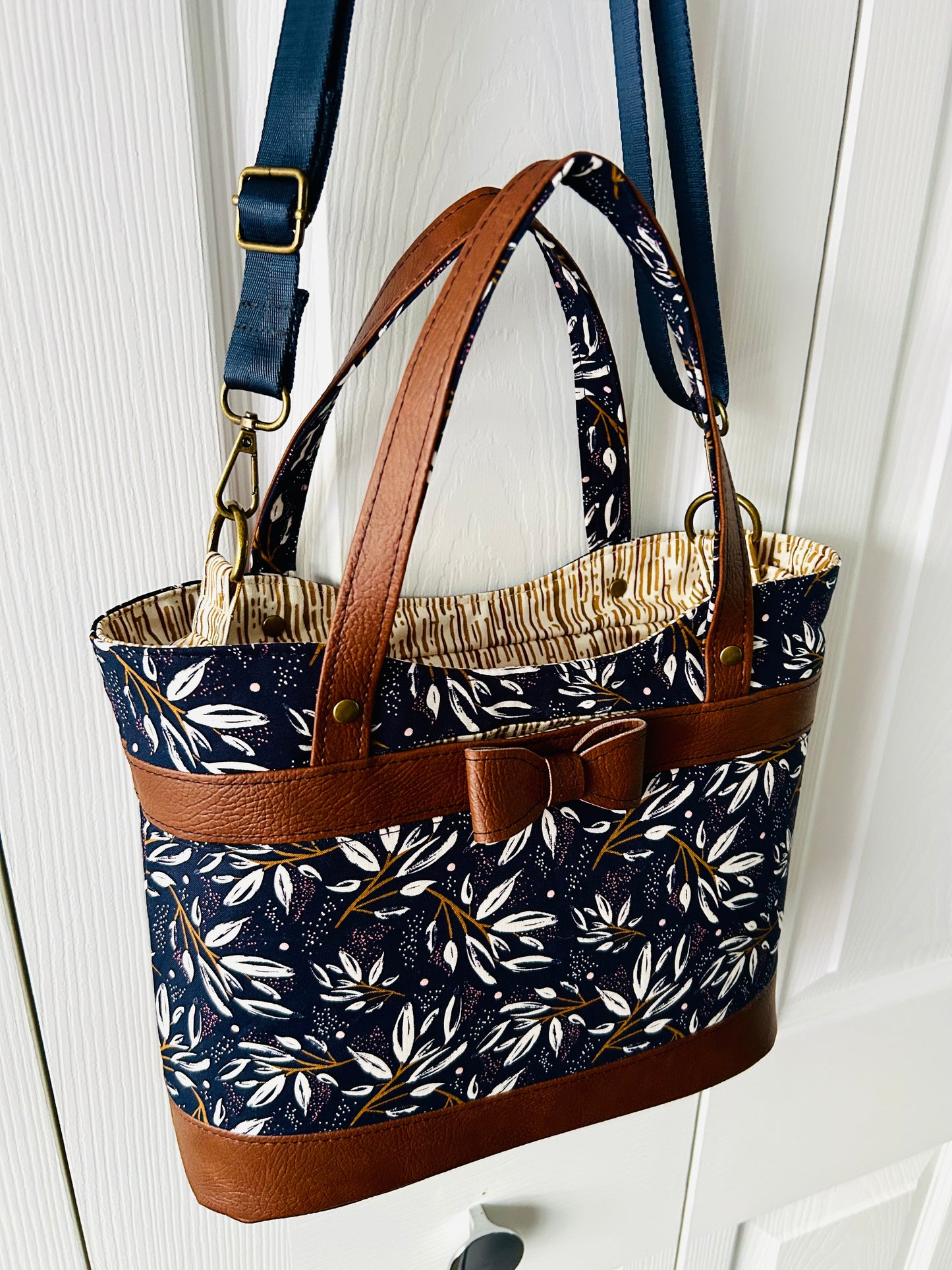Bow handbag - navy cotton with tan faux leather
