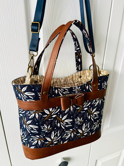 Bow handbag - navy cotton with tan faux leather