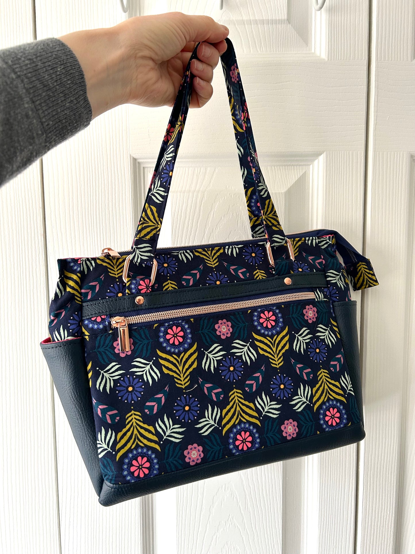 Bold floral handbag - navy cotton and faux leather