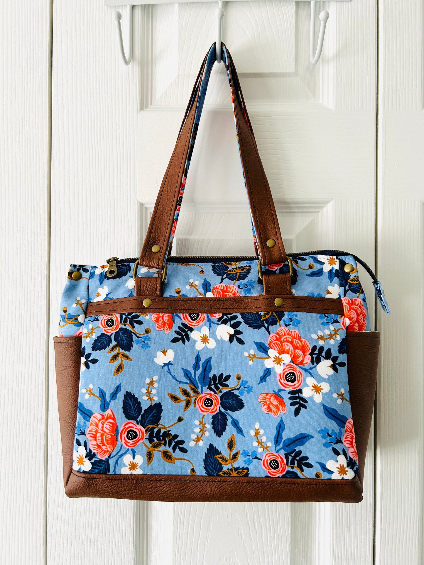 Floral handbag - periwinkle blue with tan leather