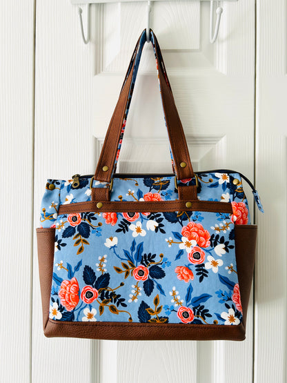 Floral handbag - periwinkle blue with tan leather