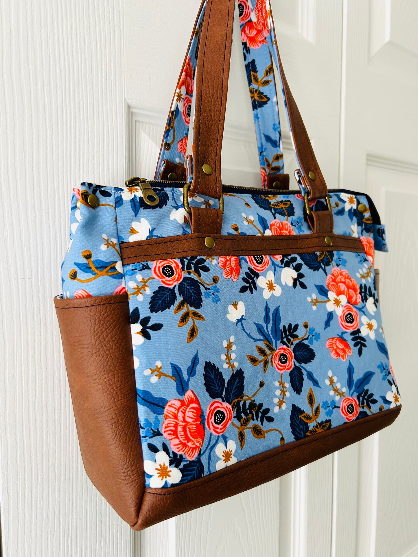 Floral handbag - periwinkle blue with tan leather