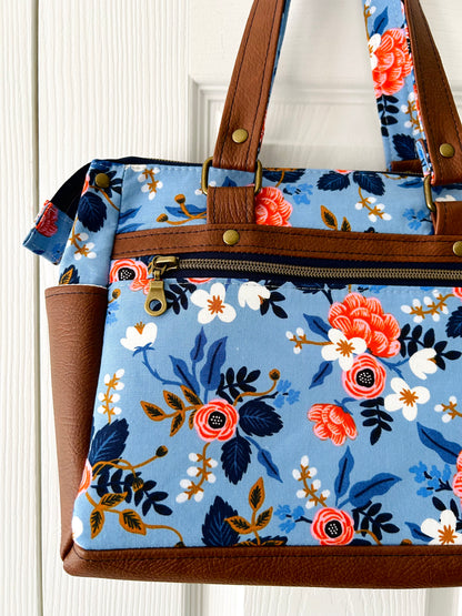Floral handbag - periwinkle blue with tan leather