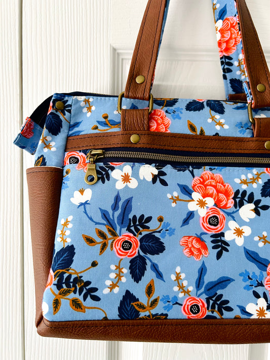Floral handbag - periwinkle blue with tan leather