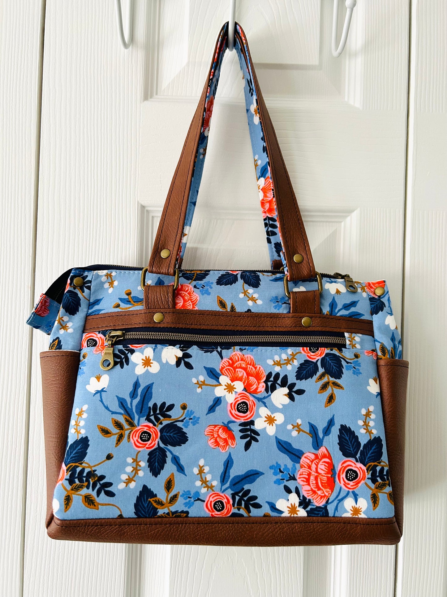Floral handbag - periwinkle blue with tan leather