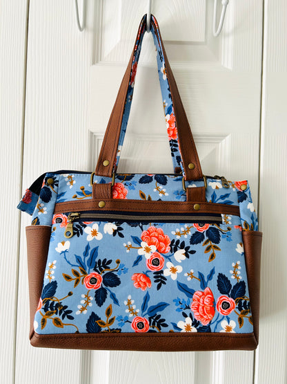 Floral handbag - periwinkle blue with tan leather