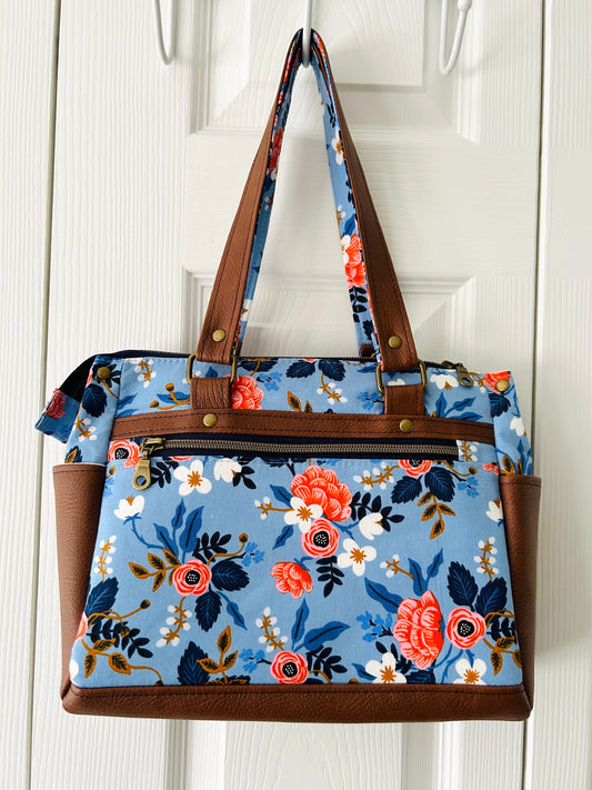Floral handbag - periwinkle blue with tan leather