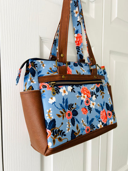 Floral handbag - periwinkle blue with tan leather