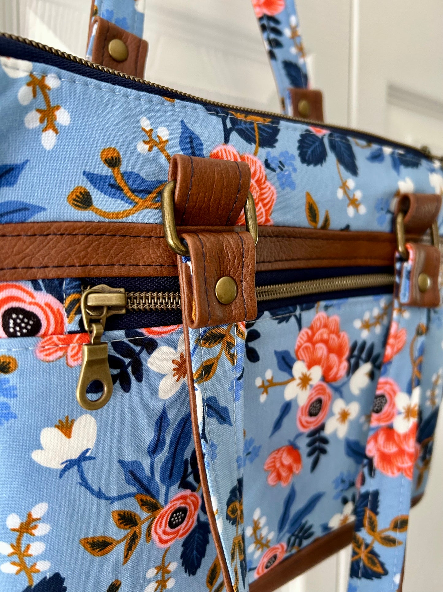Floral handbag - periwinkle blue with tan leather