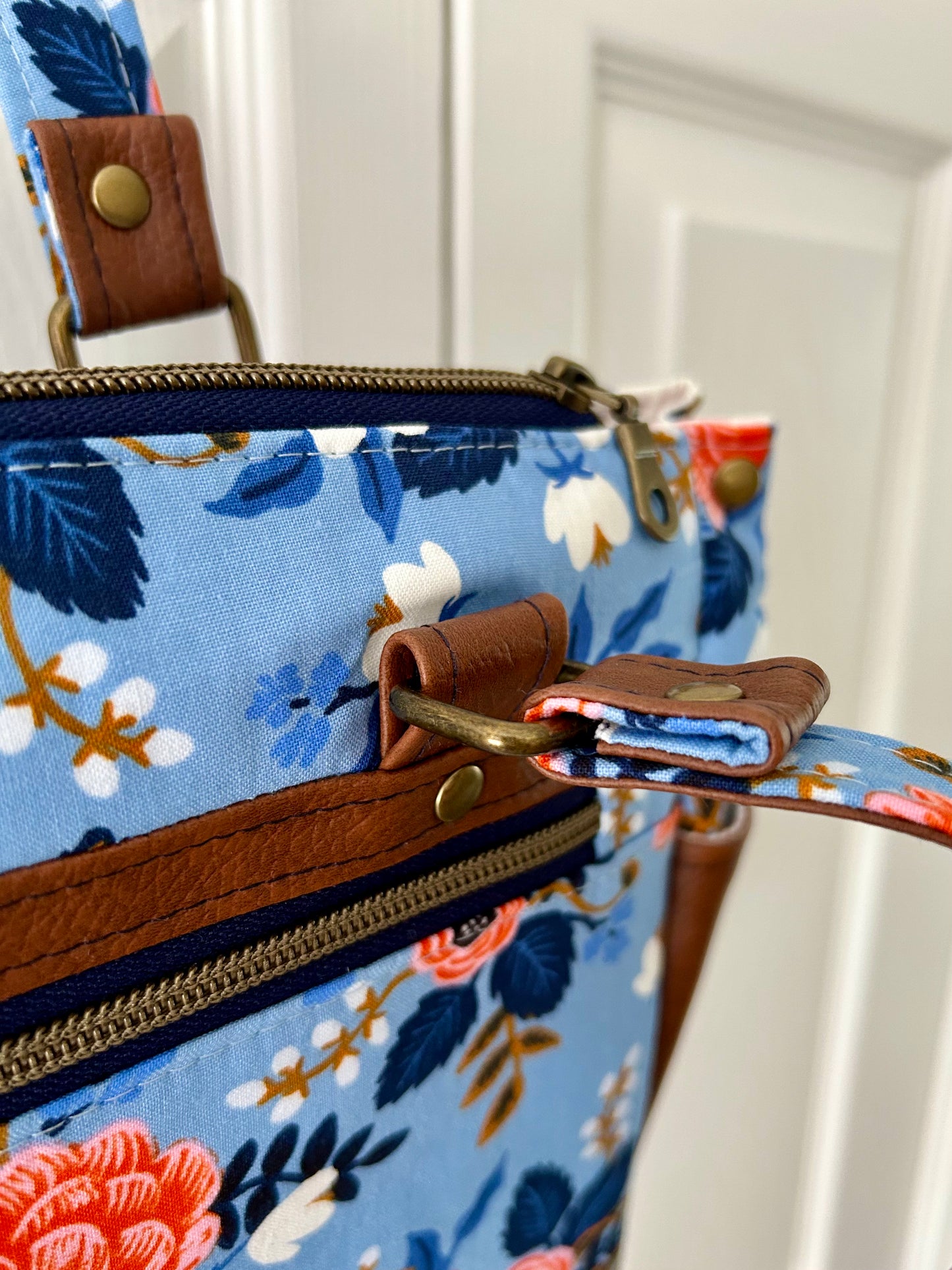Floral handbag - periwinkle blue with tan leather