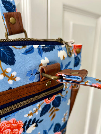 Floral handbag - periwinkle blue with tan leather