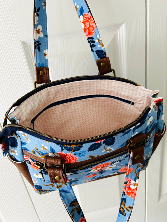 Floral handbag - periwinkle blue with tan leather
