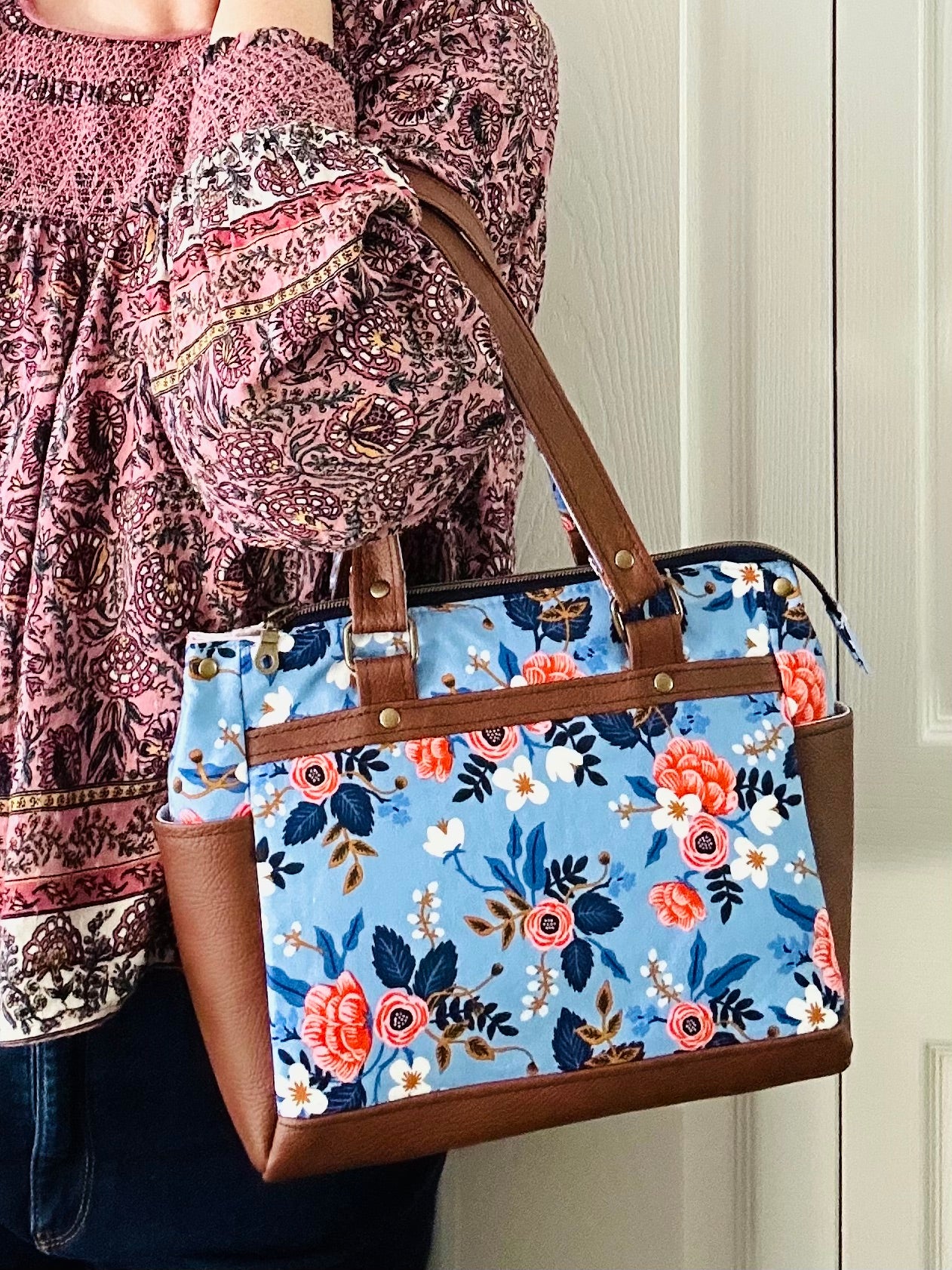 Floral handbag - periwinkle blue with tan leather