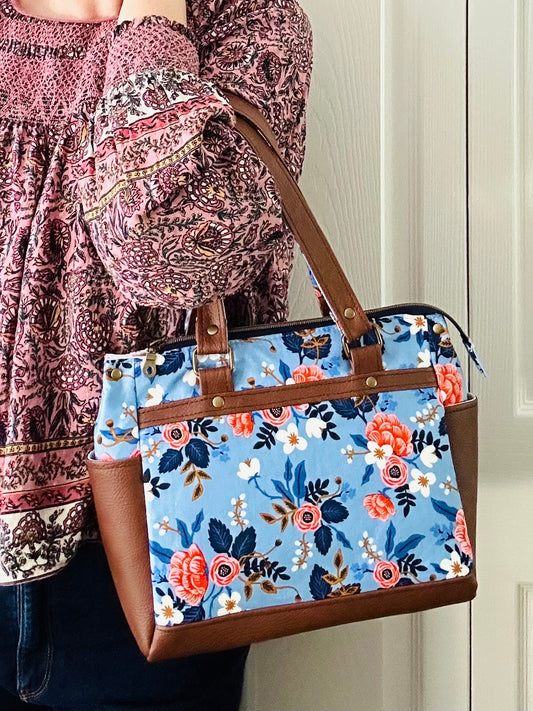 Floral handbag - periwinkle blue with tan leather