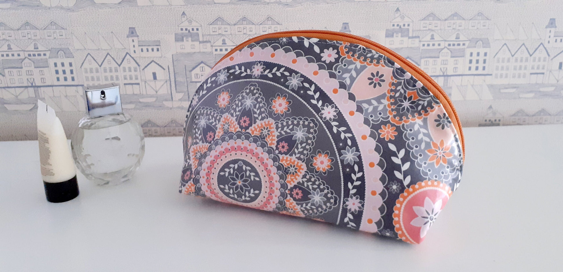 Wipe clean zip pouch, toiletry bag for her, travel storage case, large cosmetic bag, paisley pink orange make up bag